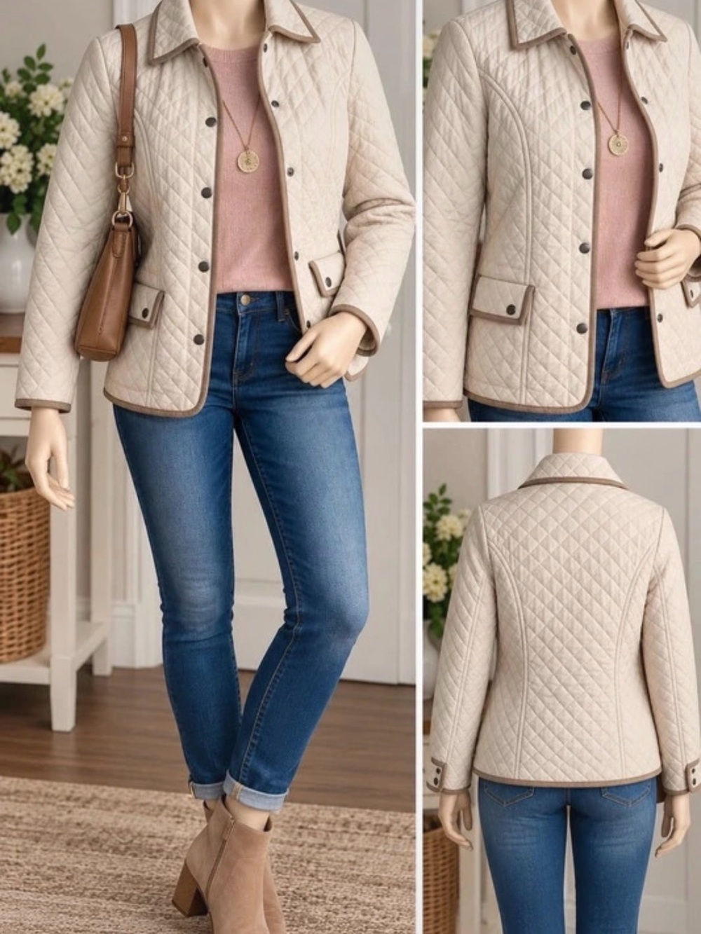Sigrid Olsen Quilted Cream Utility Jacket with Tan Trim